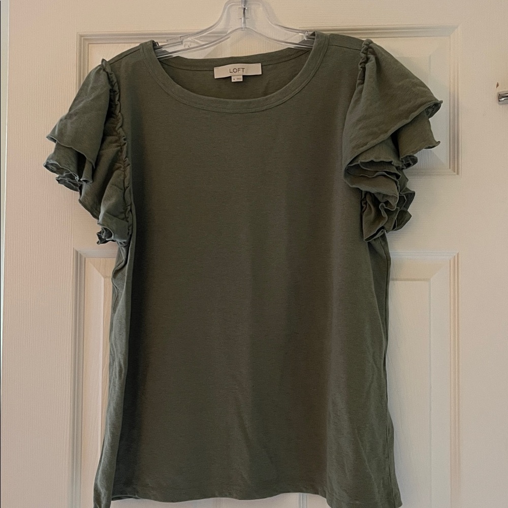 LOFT Olive Green Ruffle Sleeve Tee